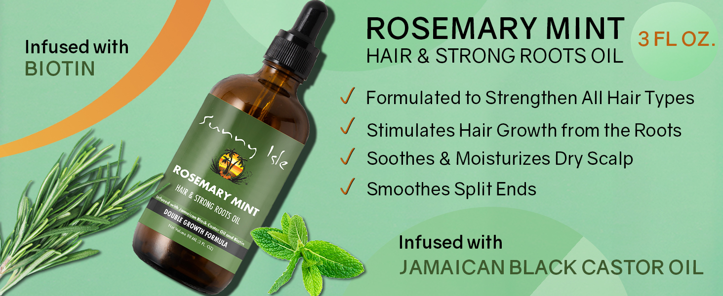 Sunny Isle Rosemary Mint Hair Strong Roots Oil 3oz double growth formula benefits, Biotin, JBCO