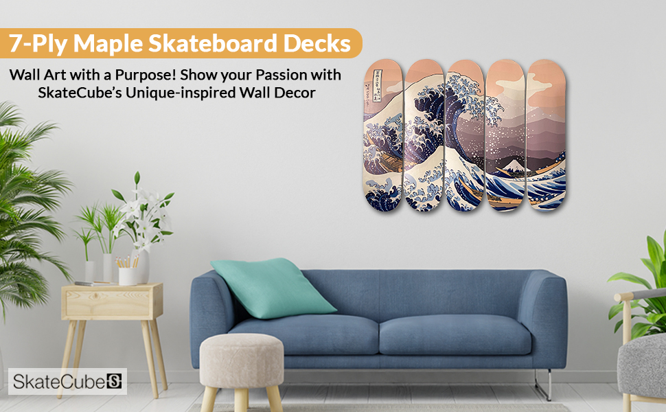 Skateboard wall art collection display in modern interior