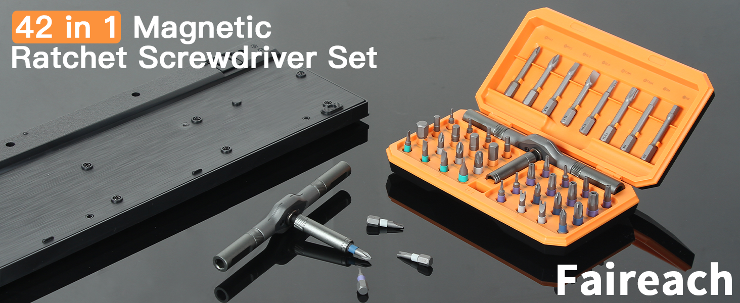 42-in-1 Magnetic Ratcheting Screwdriver Set with Orange Storage Box. Set includes various screwdriver bits and T-handle ratchet. The casing and some debris are visible on the black surface.