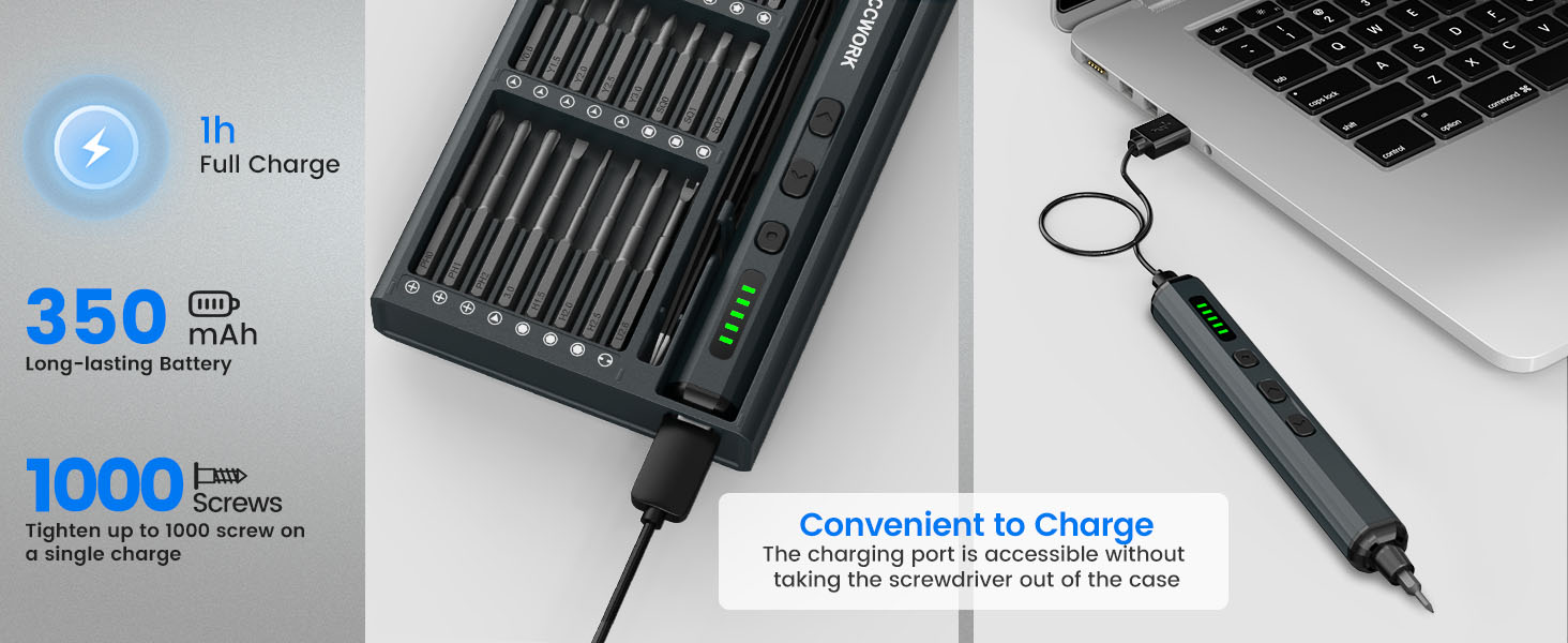 Portable charger with multiple ports connected to laptop. Text indicates 350mAh capacity, 1000 times lifecycle, and convenience for charging various devices.