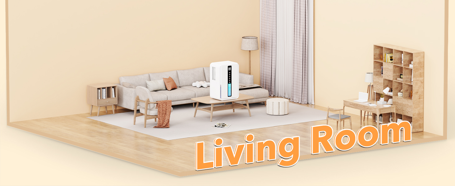 Modern living room setup with light-colored sofa, wooden coffee table, area rug, and standing air purifier. Room includes shelving unit and dining area with wooden table and chairs.