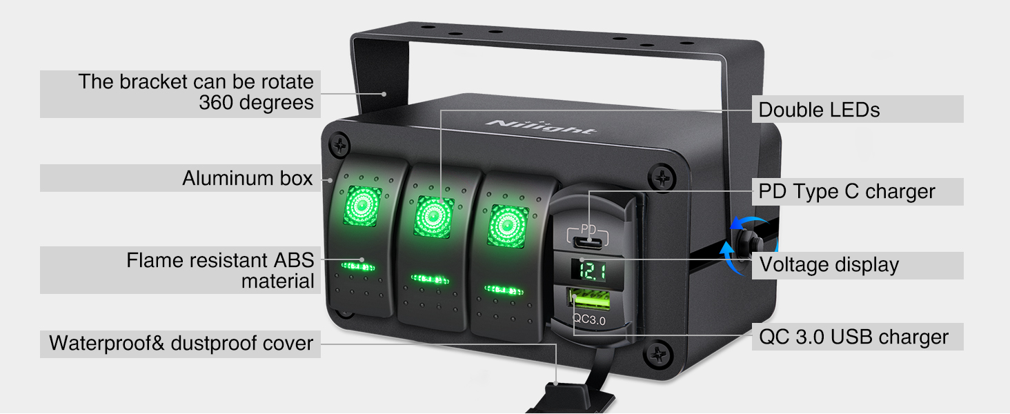 Nilight 3 Gang Rocker Switch Box with PD Type C and QC 3.0 USB Charger Voltmeter