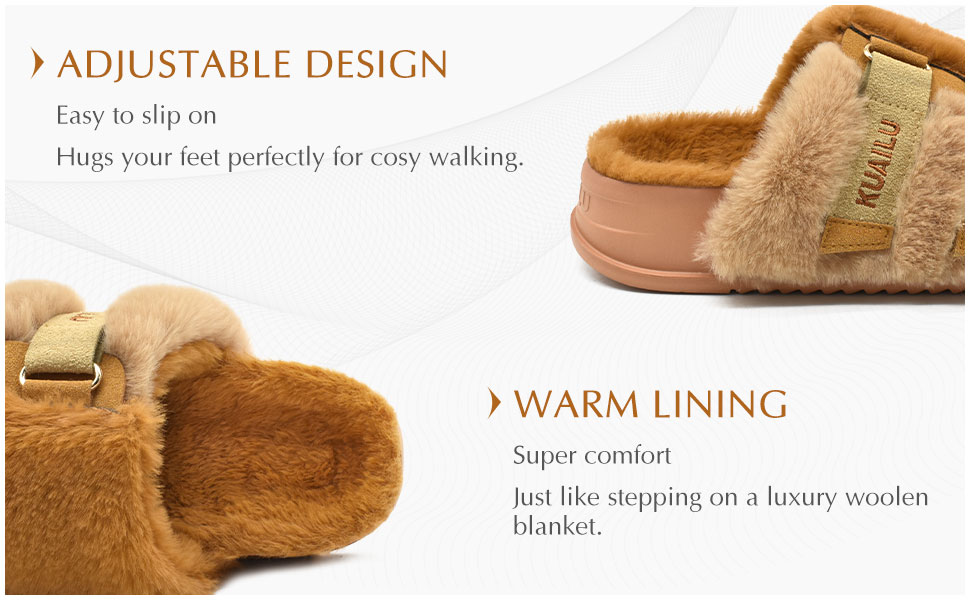 KuaiLu Womens Fuzzy Platform Open Toe Slippers with Arch