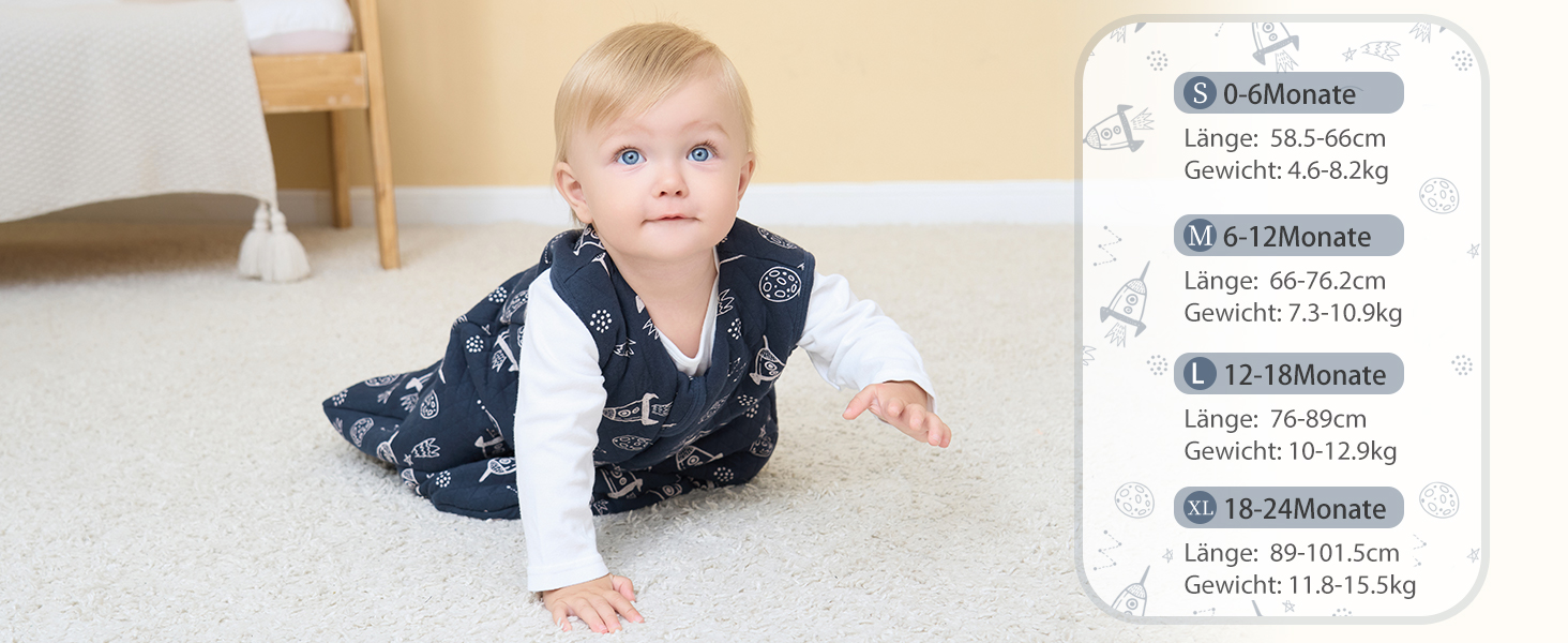 Die Größentabelle für Babykleidung zeigt die Maße für die Kategorien 3-6 Monate, 6-12 Monate, 12-18 Monate und 18-24 Monate, einschließlich Längen