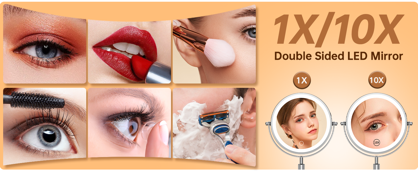 Gospire Lighted Makeup Mirror with Magnification 10X, Height Adjustable & 3 Color