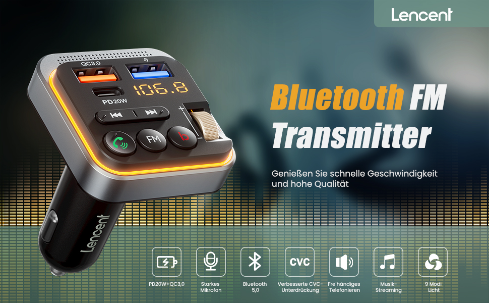 LENCENT Bluetooth FM Transmitter für Auto Radio, Bluetooth 5,0
