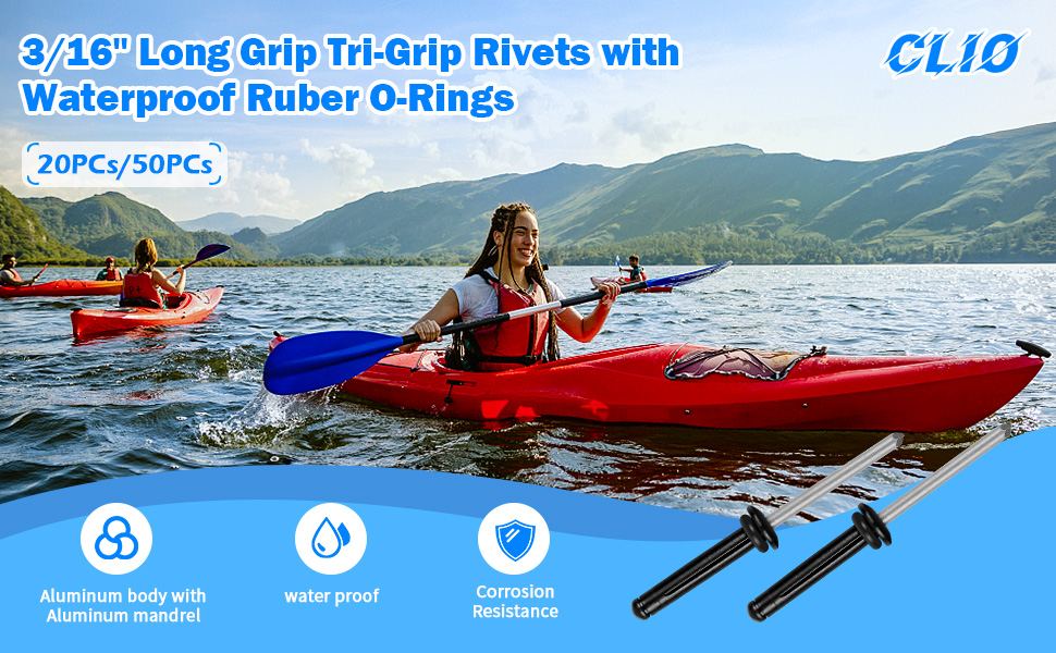 3/16" Long Grip TriGrip Kayak Rivets TriFold Tri Bulb Mounting Rivet