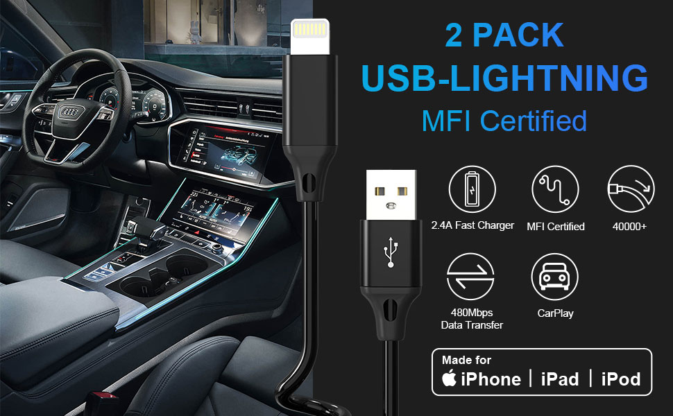 Coiled Lightning Cable, 2 Pack iPhone Charger Cable for Car, Coiled