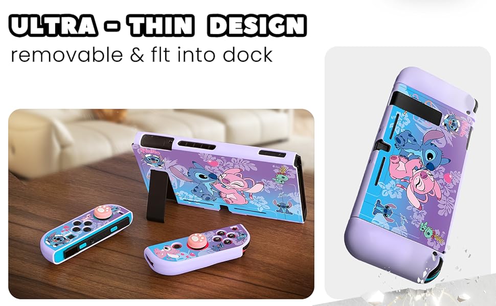 Le texte indique « DESIGN ULTRA-FIN, amovible et s'insère dans la station d'accueil ». Plusieurs vues d'une manette de jeu ou d'une station d'accueil d'appareil dans une palette de couleurs bleu et violet avec des motifs décoratifs.