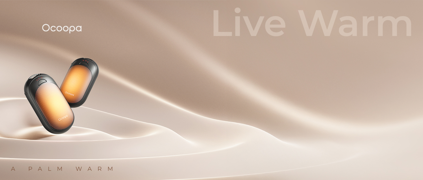 Der Text lautet „Live Warm“. Werbebildsequenz in warmen Tönen, die leuchtende oder beleuchtete Effekte vor neutralem Hintergrund zeigt.