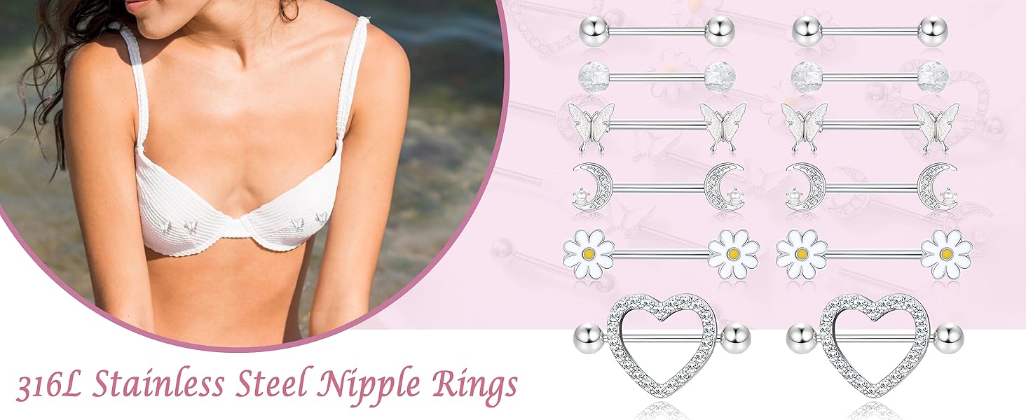 Kakonia 14 Gauge Nipple Rings Stainless Steel Cute Nipple Piercing Jewelry