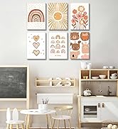 6Pcs Boho Nursery Canvas Wall Art Kids Room Posters Rainbows Sun Flower Art Cute Animals Painting...