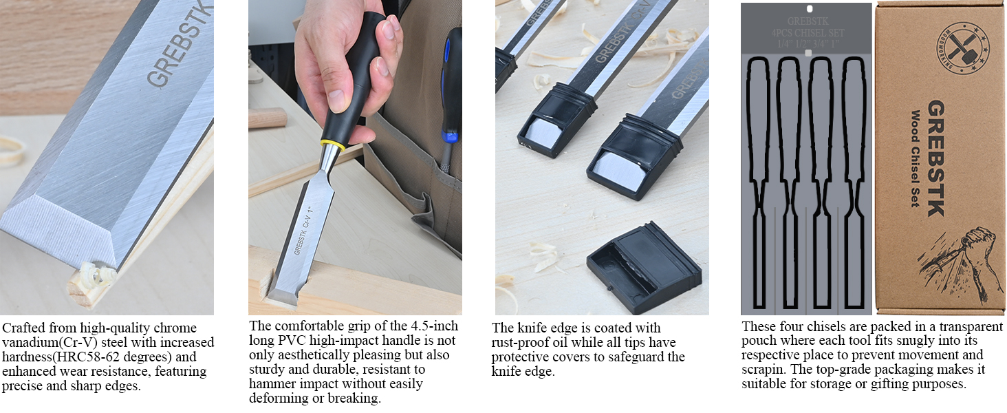 GREBSTK 9.5in Wood Chisel Set for Woodworking, 4pcs Chrome Vanadium
