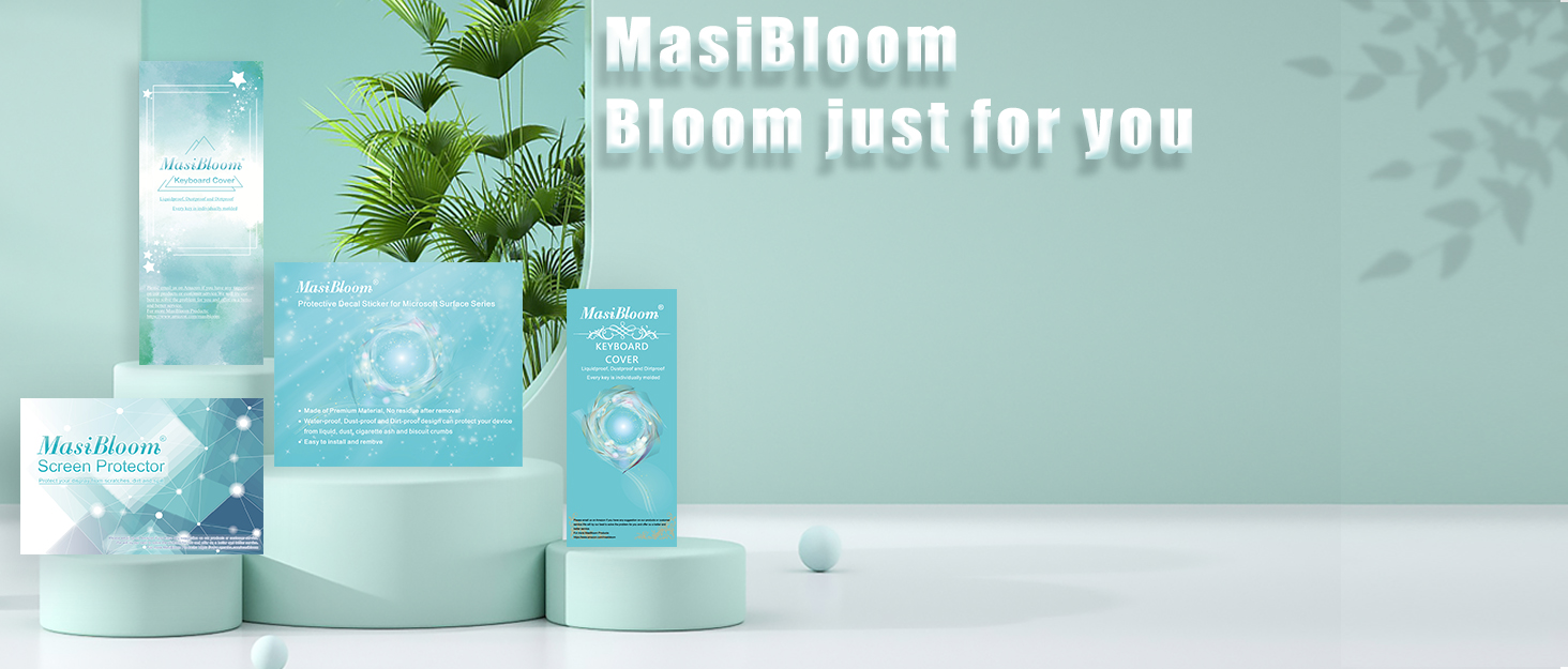 MasiBloom avec emballage bleu. Comprend des éléments végétaux et le slogan « Bloom just for you » sur fond