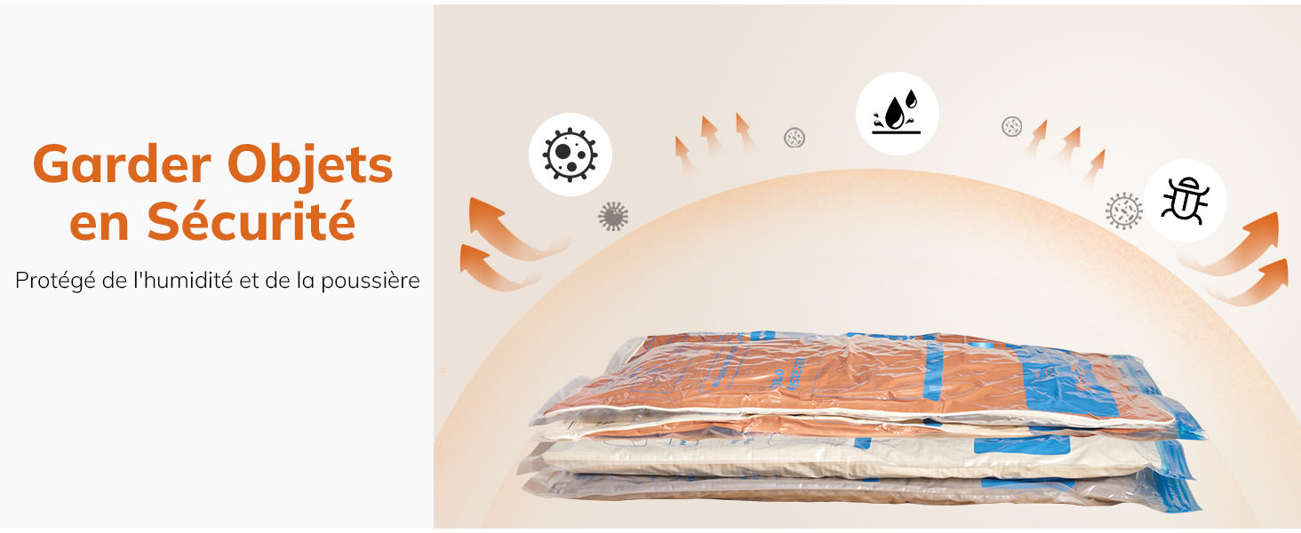 Guide de sécurité illustré en français « Garder Objets en Sécurité » montrant un schéma de rangement entouré de plusieurs icônes et de flèches