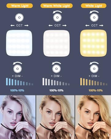 Lighting comparison chart showing three light settings: Warm Light, Warm White Light, and White Light. Displays color temperature, dimming range, and effect on a portrait.