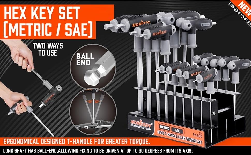 HORUSDY 18Piece THandle allen wrench set, Inch/Metric Long Arm Ball
