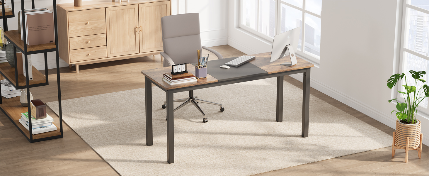 63 Inch Computer Desk, Large Office Desk with Black Metal Frame, Modern Simple Style Gaming Desk