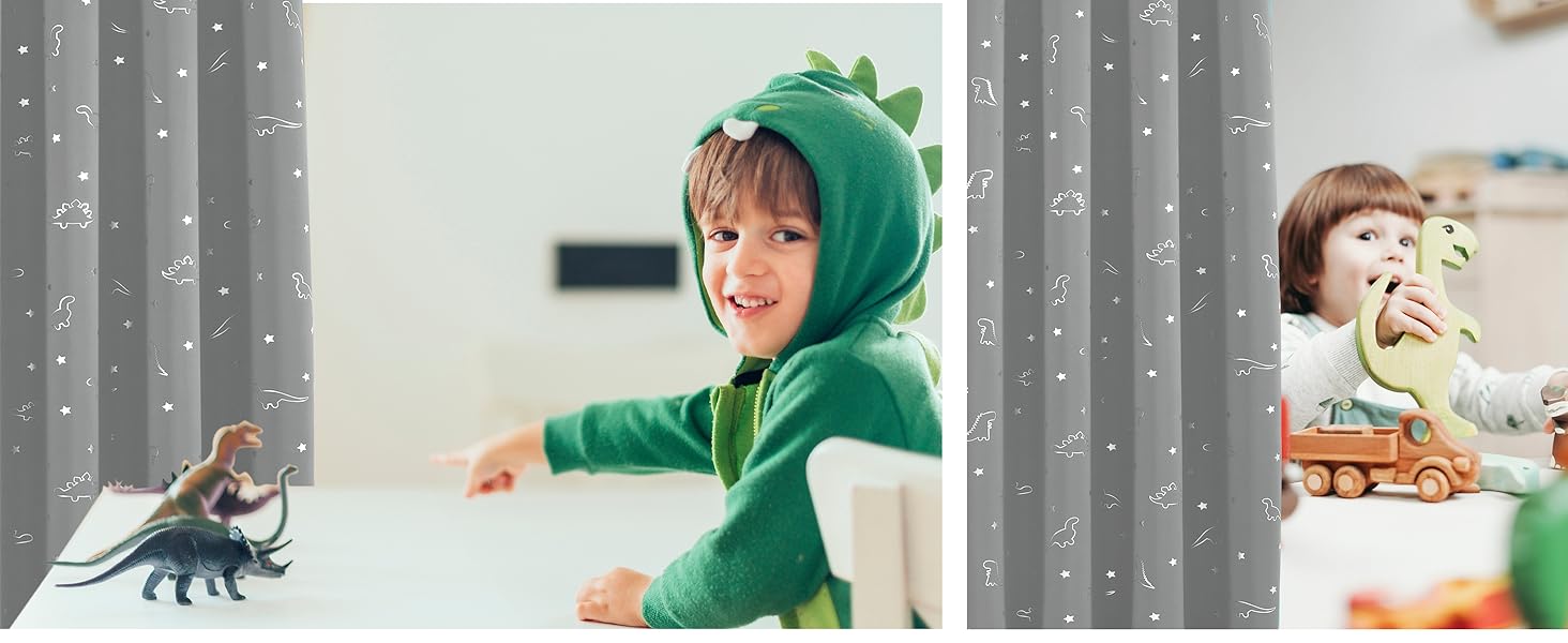 Dinosaur Foil Blackout Curtains for Kids Room Thermal Insulated Noise Reduce Drape for Boys Bedroom