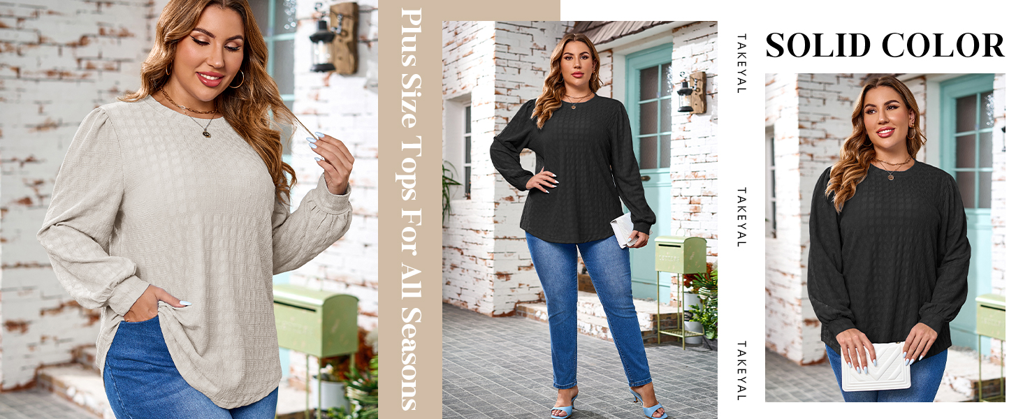 Plus Size Tops for Women Trendy Casual Long Sleeve Textured Solid Color
