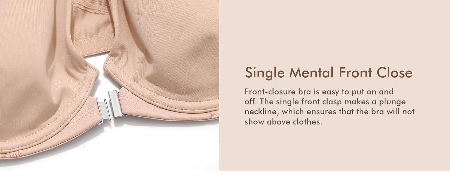 Il testo dice 'Chiusura frontale in metallo singolo'. Immagini dettagliate del prodotto di un meccanismo di chiusura di un reggiseno beige, mostrando diverse angolazioni e immagini ravvicinate del sistema di chiusura.