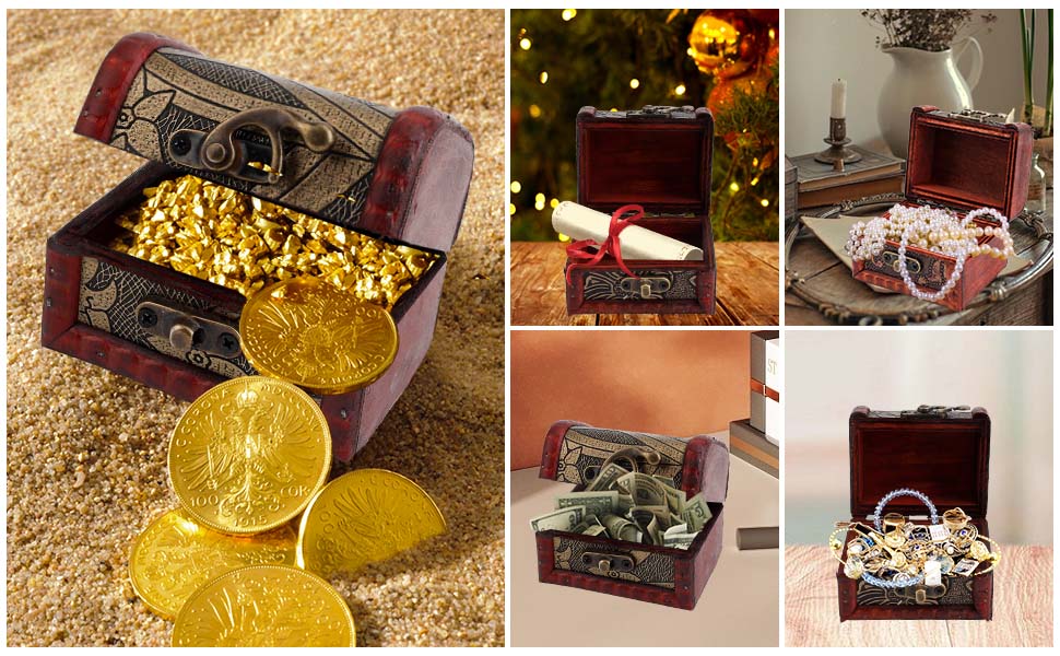 JYUHA 4 PCS Mini Wooden Treasure Chests, Vintage Wooden Jewellery Box