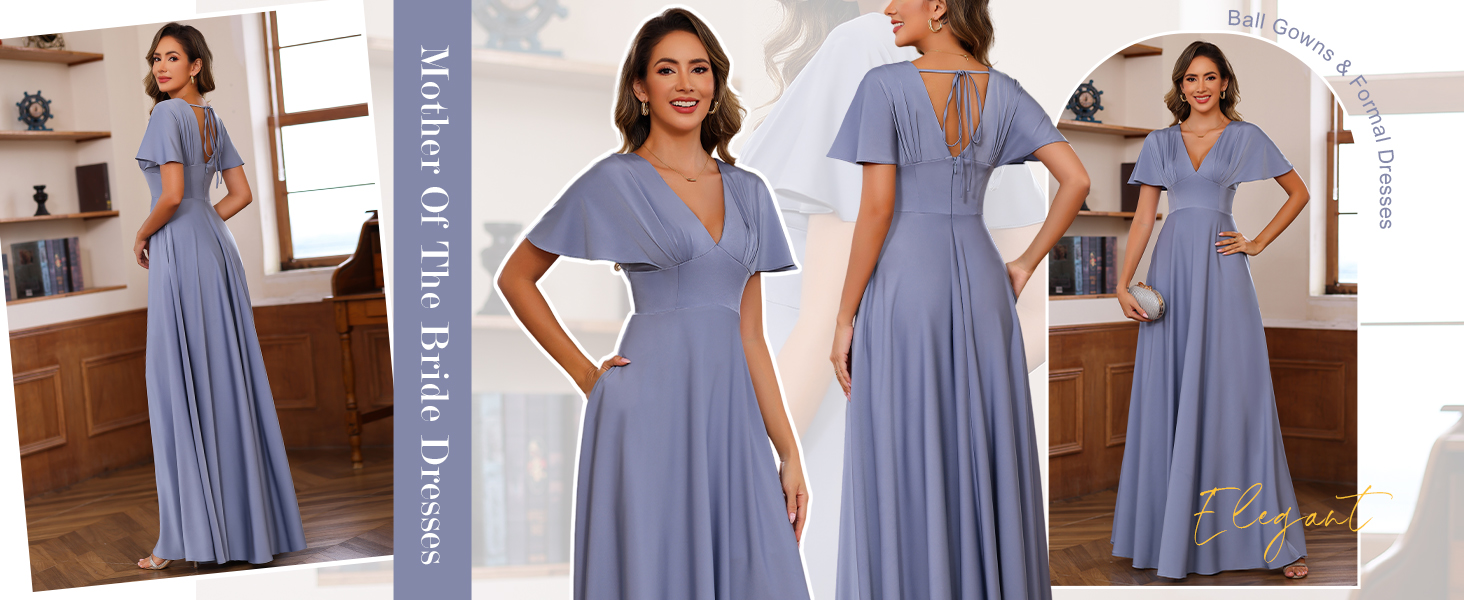 Ternlm Satin Mother of Bride Dress for Wedding Backless Aline VNeck Ball Gown Long