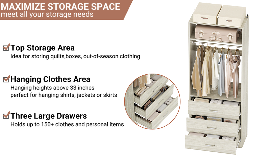 Besiost Freestanding 2FT Closet System with 3 Wood Drawers