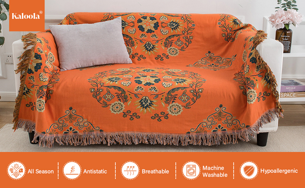 KALOOLA Orange Boho Muslin Blanket, Bohemian Floral Couch