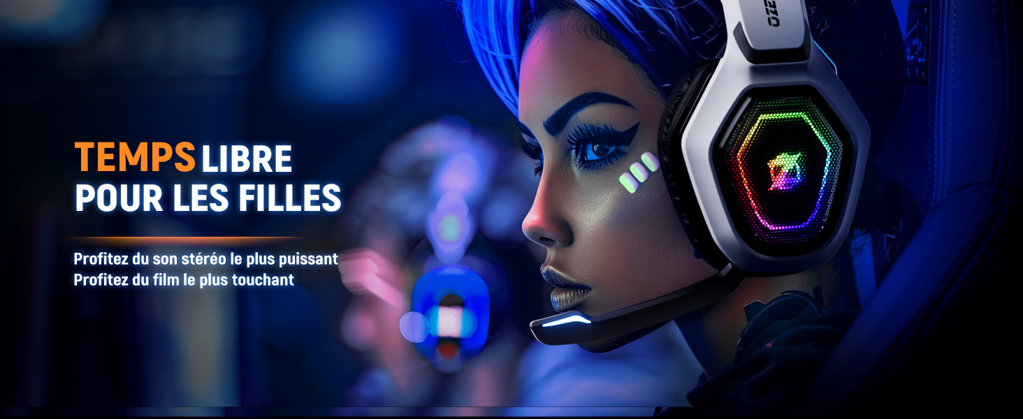 Publicité colorée sur les jeux vidéo mettant en vedette des néons, des écouteurs futuristes et un texte en français faisant la promotion du temps libre pour les filles