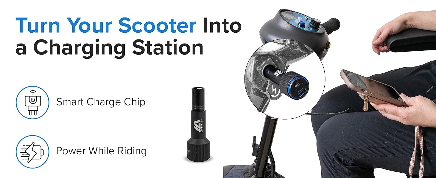 Turn your scooter into a charging station. Smart charge chip for optimal power while riding