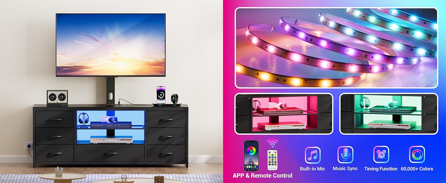 Entertainment Center with LED Lights which has multiple modes and light colors.