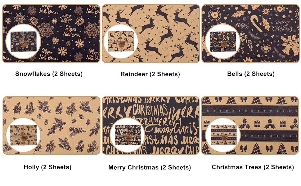 Christmas Wrapping Paper, 12 Sheets Navy Blue and Brown