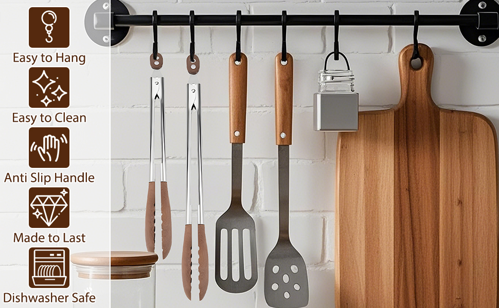 Hanging Kitchen Utensils Stainless Steel Walnut Color Tongs