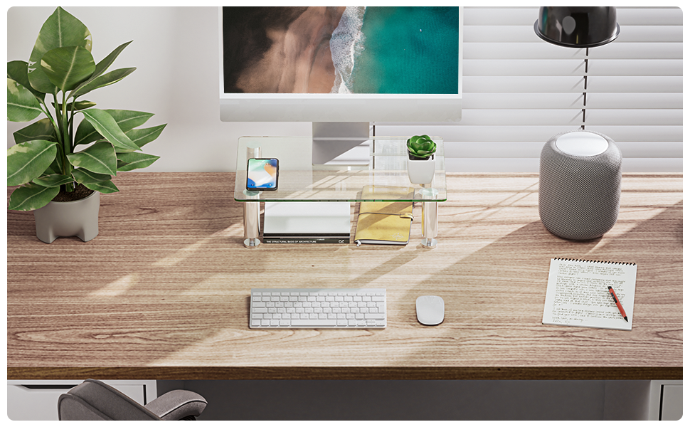 Clear Tempered Glass Ergonomic Desktop Stand for keyboard, Notebook, Desk Organizer for Home Office
