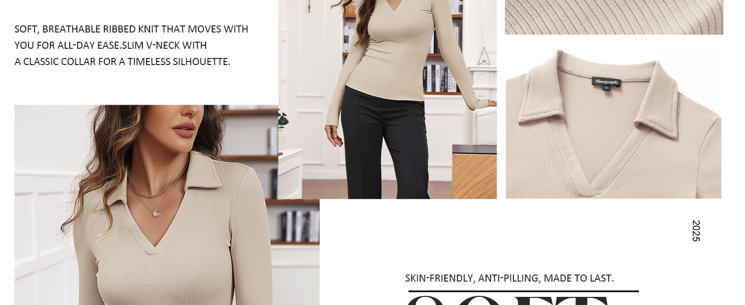 Womens Long Sleeve V Neck Polo Shirts Business Casual Collared Work Top Slim Fitted Basic 2025 Fall Outfit 16 long sleeve polo shirts for women