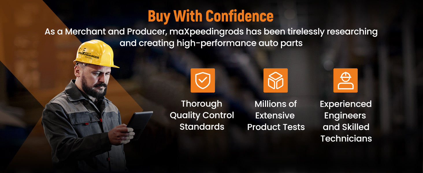 Promotional image for auto parts company highlighting quality control, product testing, and experienced staff. Shows worker in hard hat using tablet device.