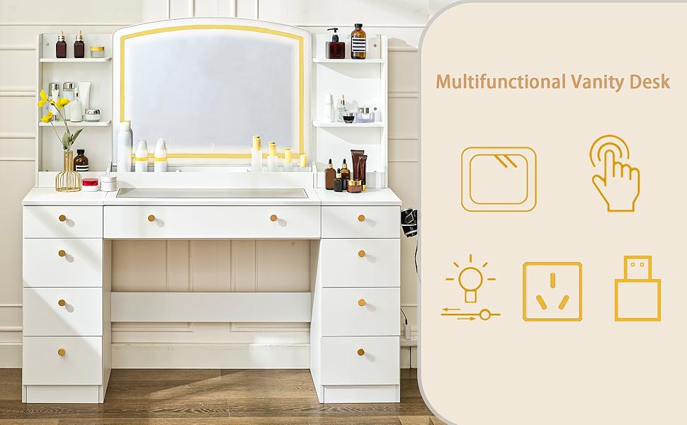 55 INCH Large Vanity Desk with Mirror Glass Vanity