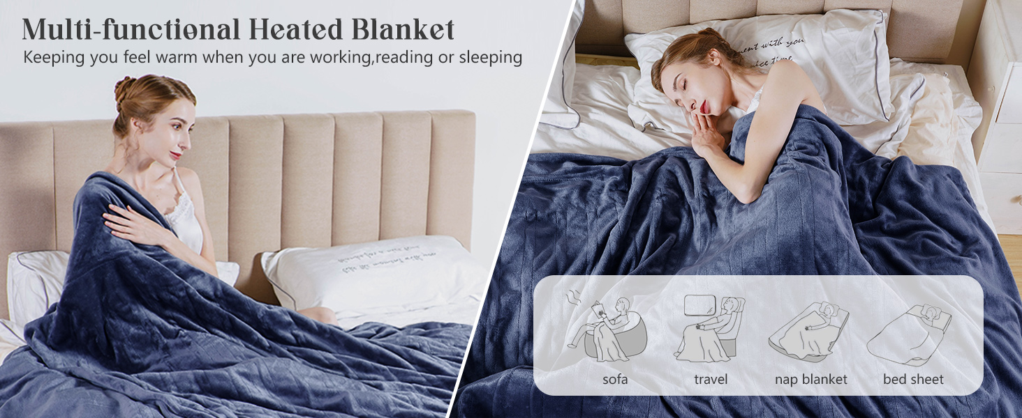 Sunvivi Heated Blanket King Size, Electric Blanket Dual Control Soft Velvet, 10 Heat