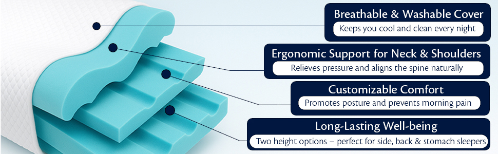 Cervical Pillow for Neck and Shoulder Pain Relief Memory Foam OrthopediC Ergonomic Adjustable Height