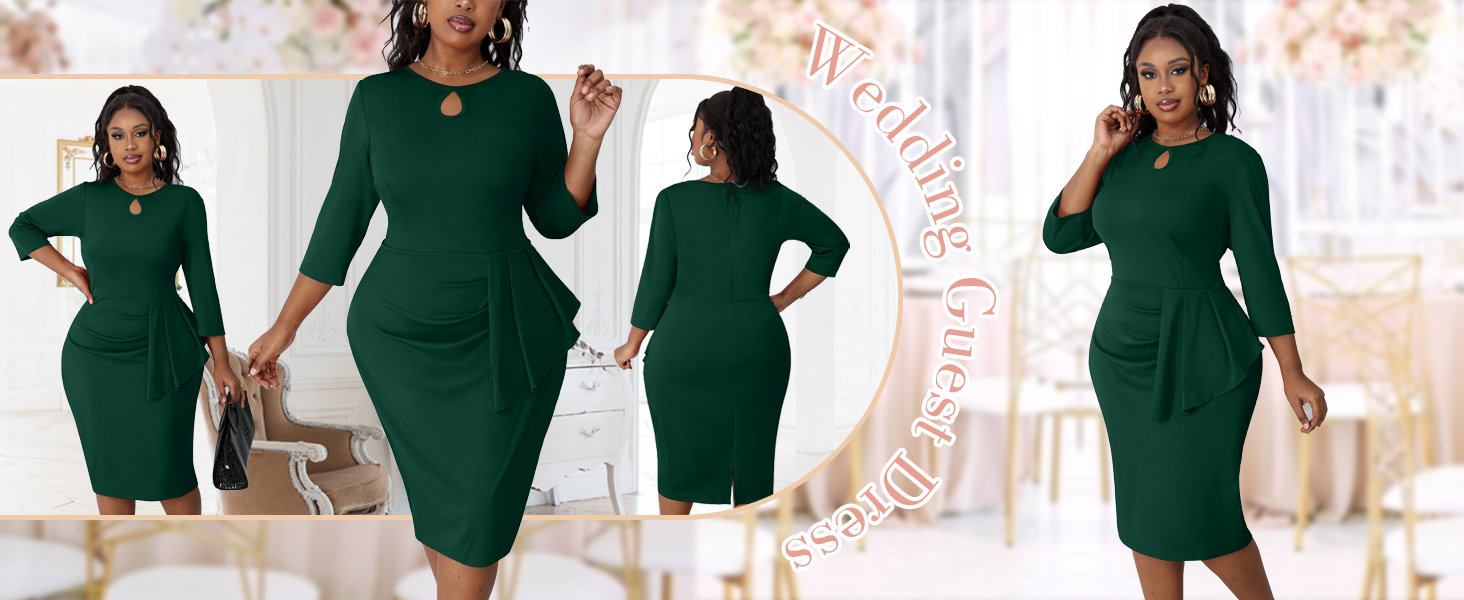 Plus Size Women's Bodycon Dresses Vintage Elegant Ruffle Dress 3/4 Sleeve Midi Pencil Dressee