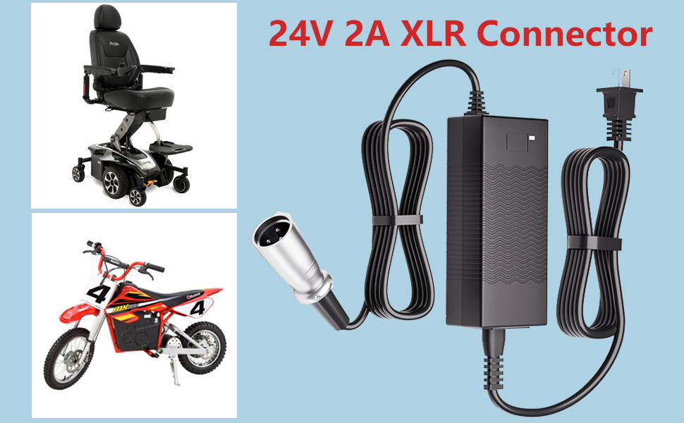 24V 2A XLR Electric Scooter Battery Charger for Wheelchairs, Jazzy Power Chair
