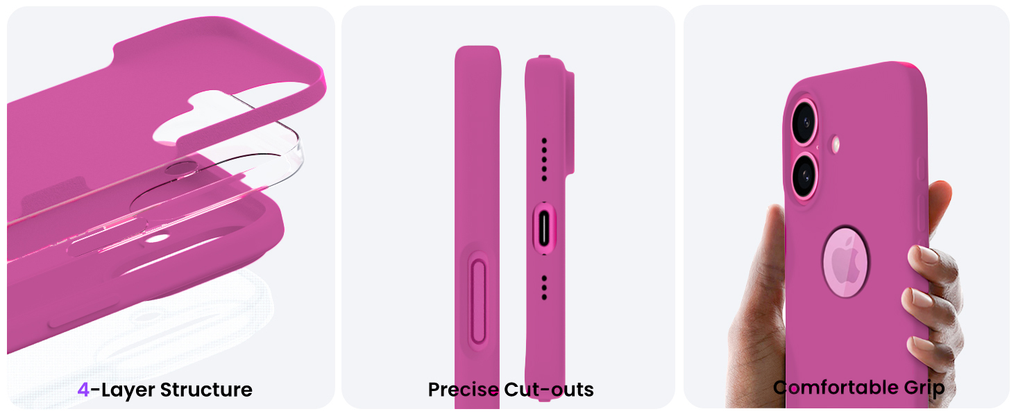 Elzzi Microfiber Logo Cut Cover Compatible for iPhone 16 Case Liquid Silicone Cases Full Body 4 Layer Protective Covers Shockproof Back Cover with High Raised Camera Lips (6.1 inch, Hot Pink) 54 16