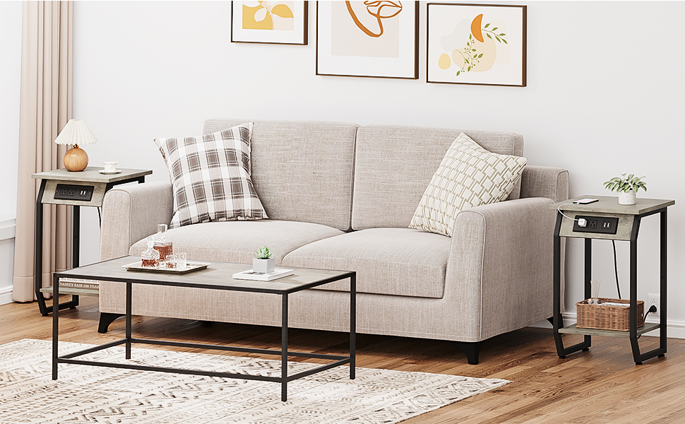 Amyove Side Table with Charging Station, Vintage End Table with USB Charging Ports