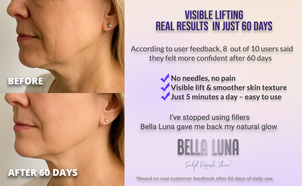 before and after results using microcurrent facial device for skin lift and glow