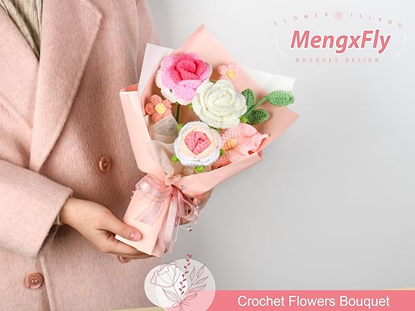 MengxFly Crochet Flower Bouquet Pink Rose, Handmade Crochet
