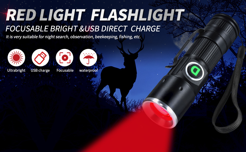 DARKDAWN Redlight Flashlight Rechargeable USB, LED Mini Red Light Flashlights Focus Adjustable