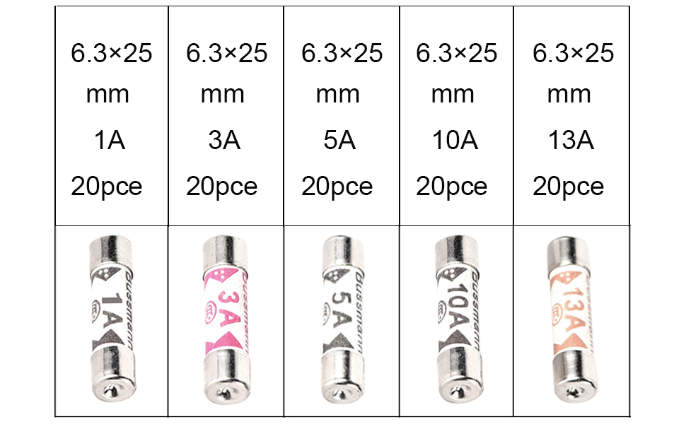 100PCS Ceramic Tube Fuses Household Set with 1A 3A 5A 10A 13A Amp 240