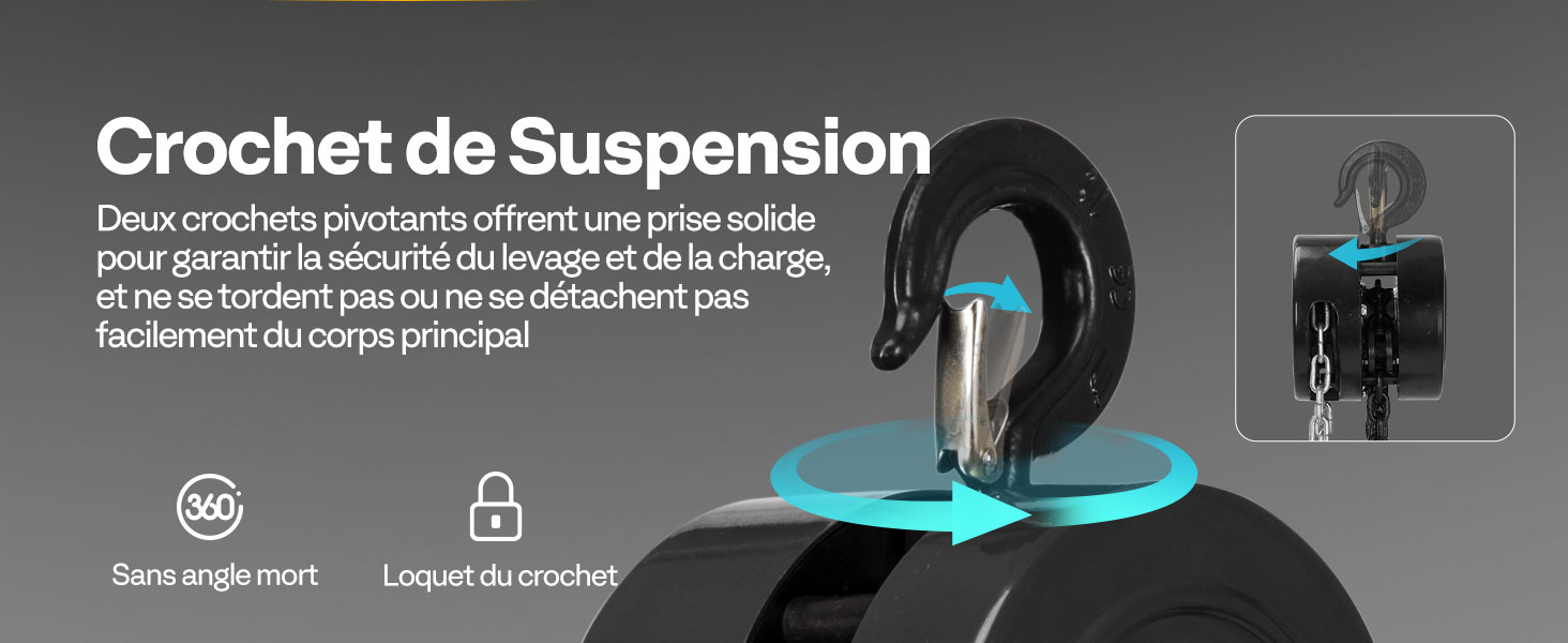 Le texte se lit comme suit : « Crochet de suspension ». Schéma technique montrant les instructions d'installation du crochet de suspension avec des éléments surlignés en bleu sur fond foncé.