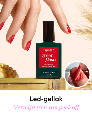 Green Flash red nail polish bottle with hand displaying red manicure. Inset shows polish peeling off. Text indicates it's a peel-off LED gel polish.
